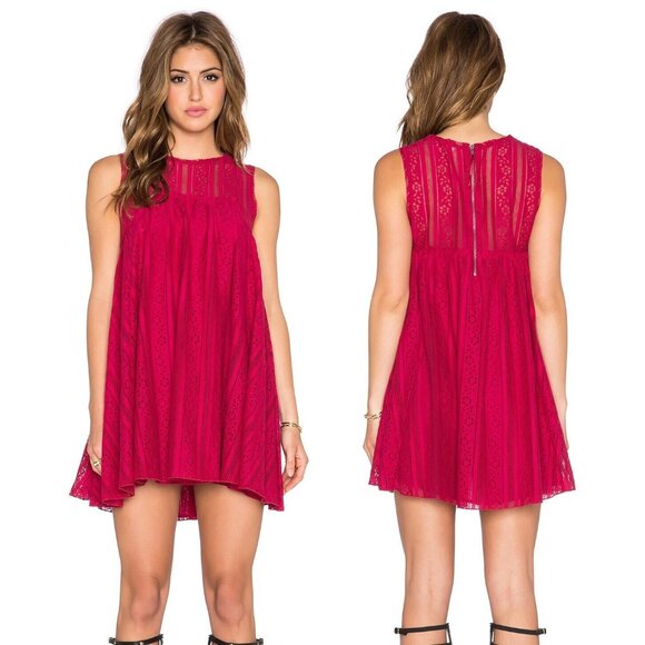 NWT FREE PEOPLE Tu Es La Mini Dress Ruby Red Pink Lace Boho Size XS - Picture 1 of 6